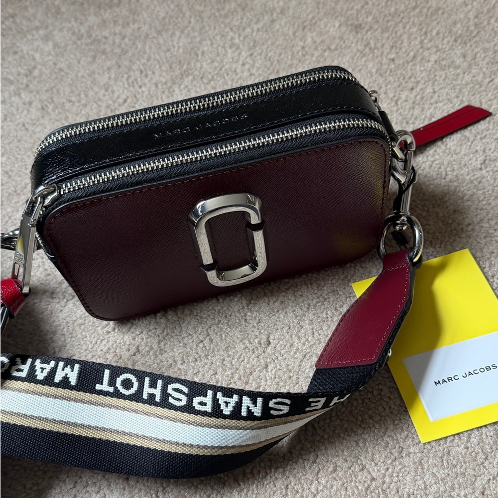 Marc Jacobs Oxblood and Black Snapshot Crossbody with Striped Strap
